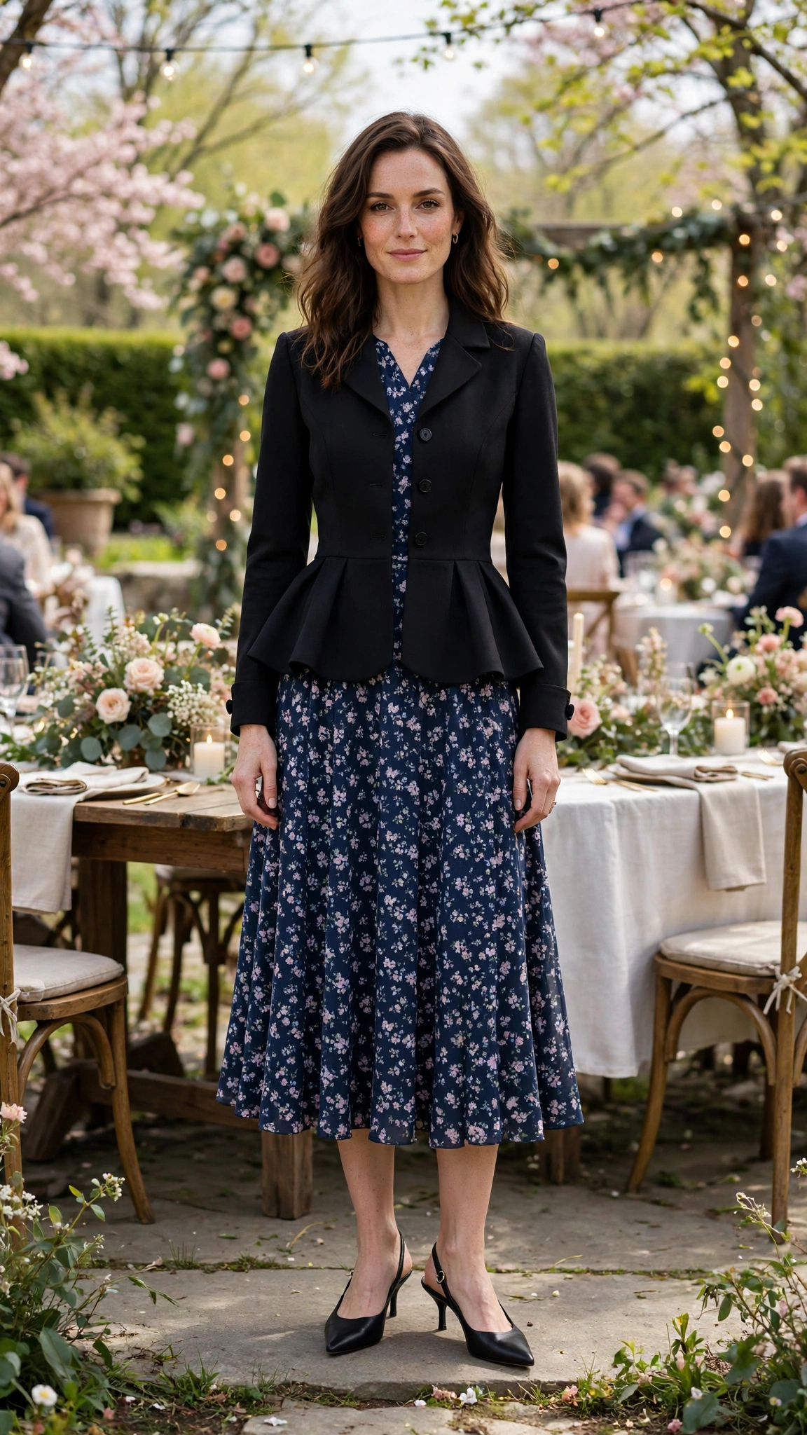 Black Peplum Jacket Outfit with a navy tea dress and slingback heels