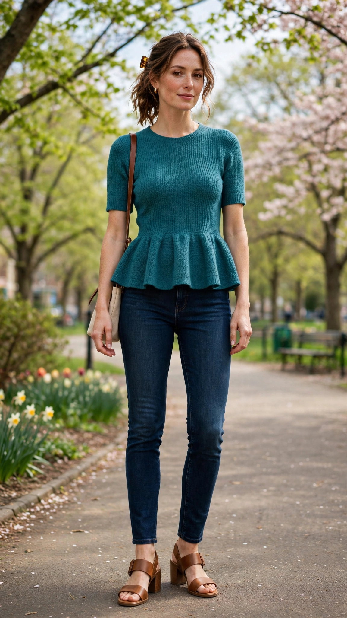 Teal Peplum Knit Outfit with dark jeans and block-heel sandals
