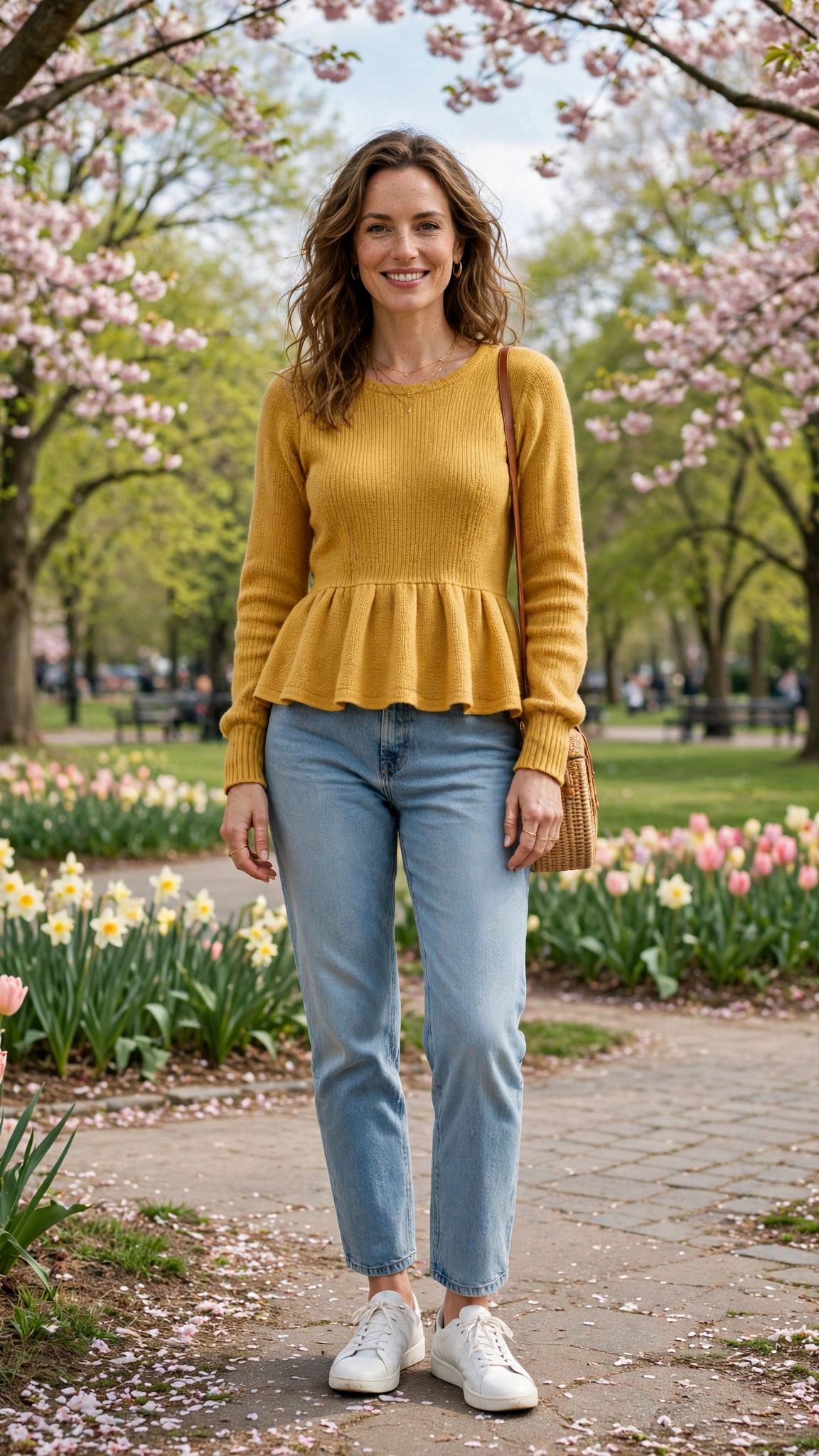 Mustard Peplum Knit Outfit with light-wash jeans and white trainers
