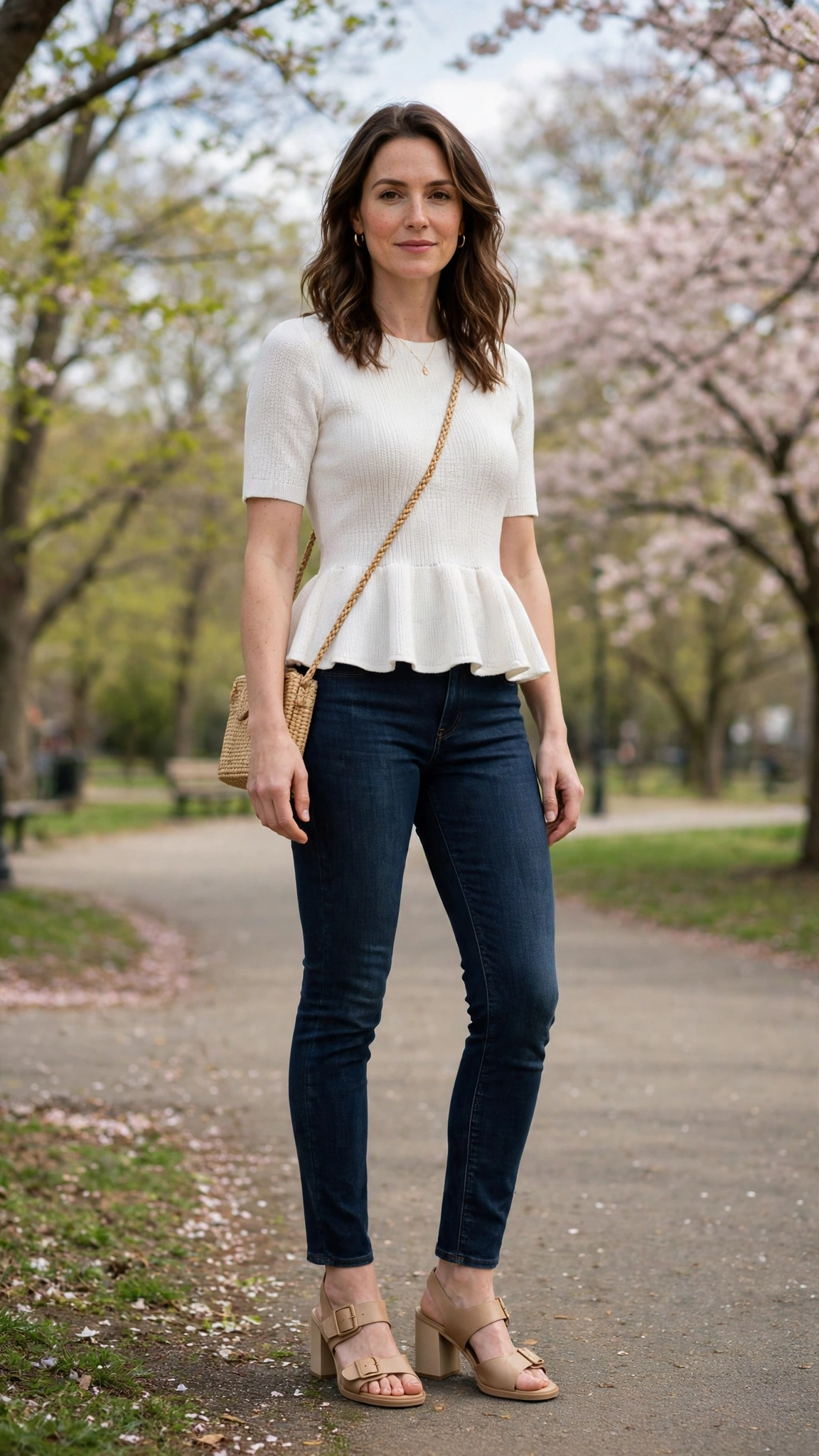 White Peplum Knit Outfit with dark jeans and block-heel sandals