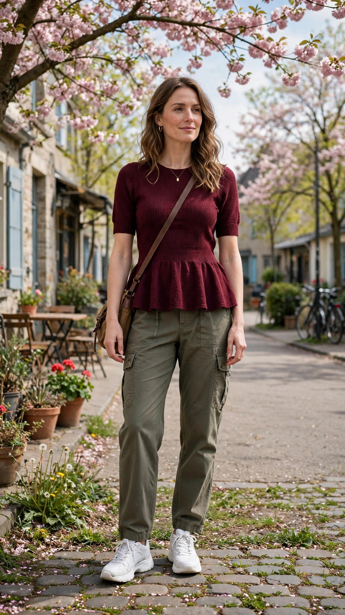 Burgundy Peplum Knit Outfit with olive cargo trousers and trainers