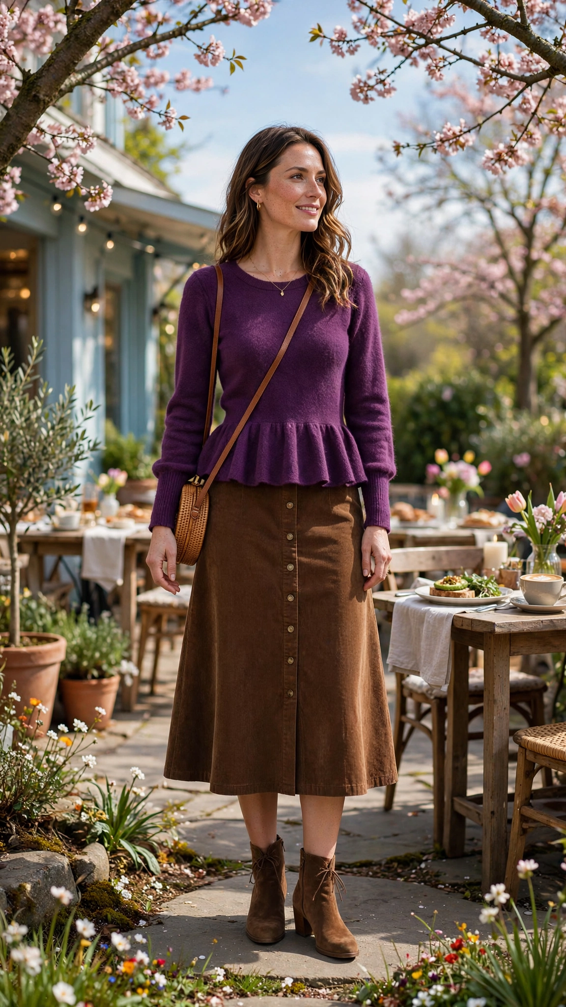 Plum Peplum Knit Outfit with a corduroy skirt and ankle boots