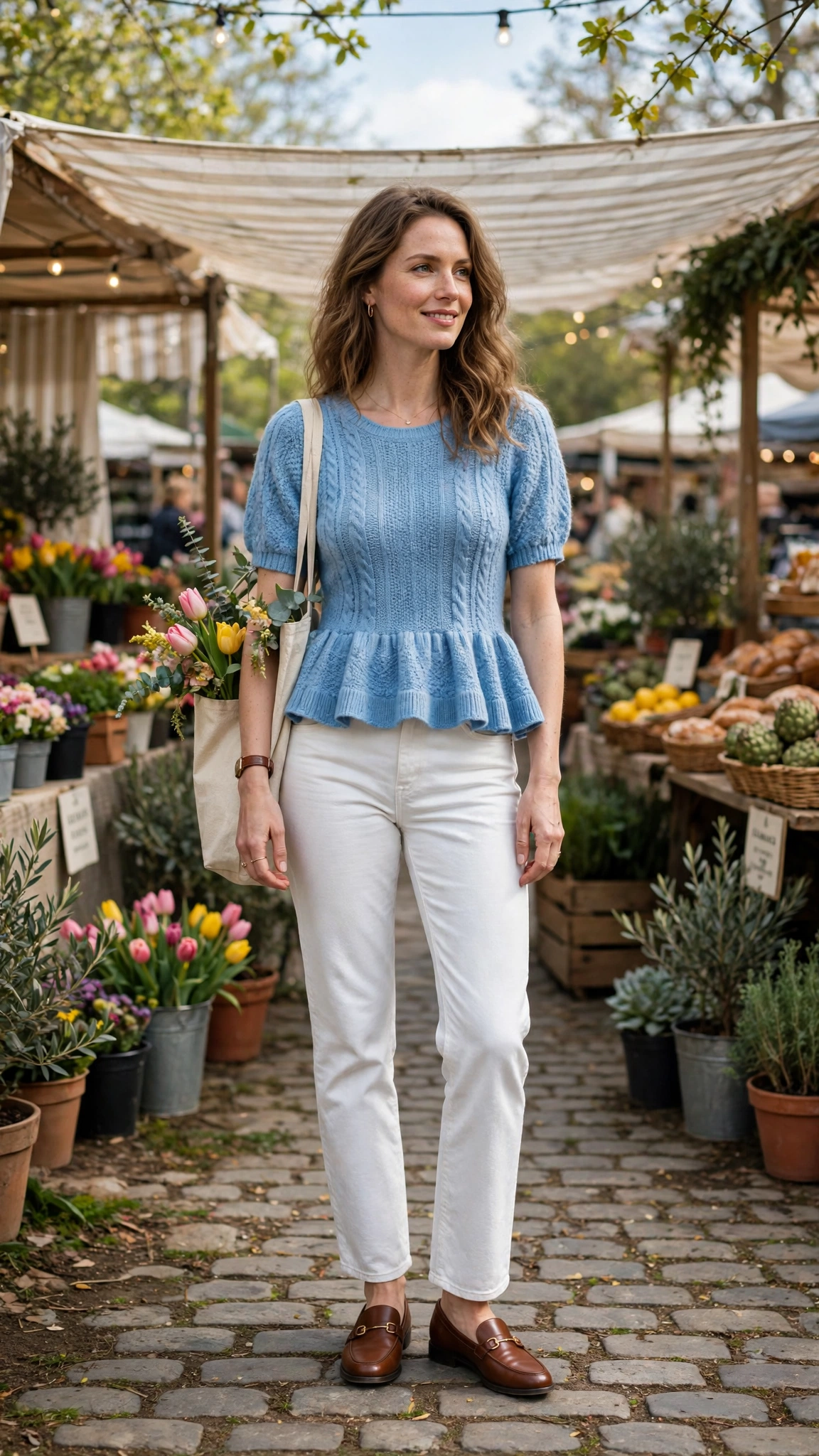 Sky Blue Peplum Knit Outfit with white jeans and loafers