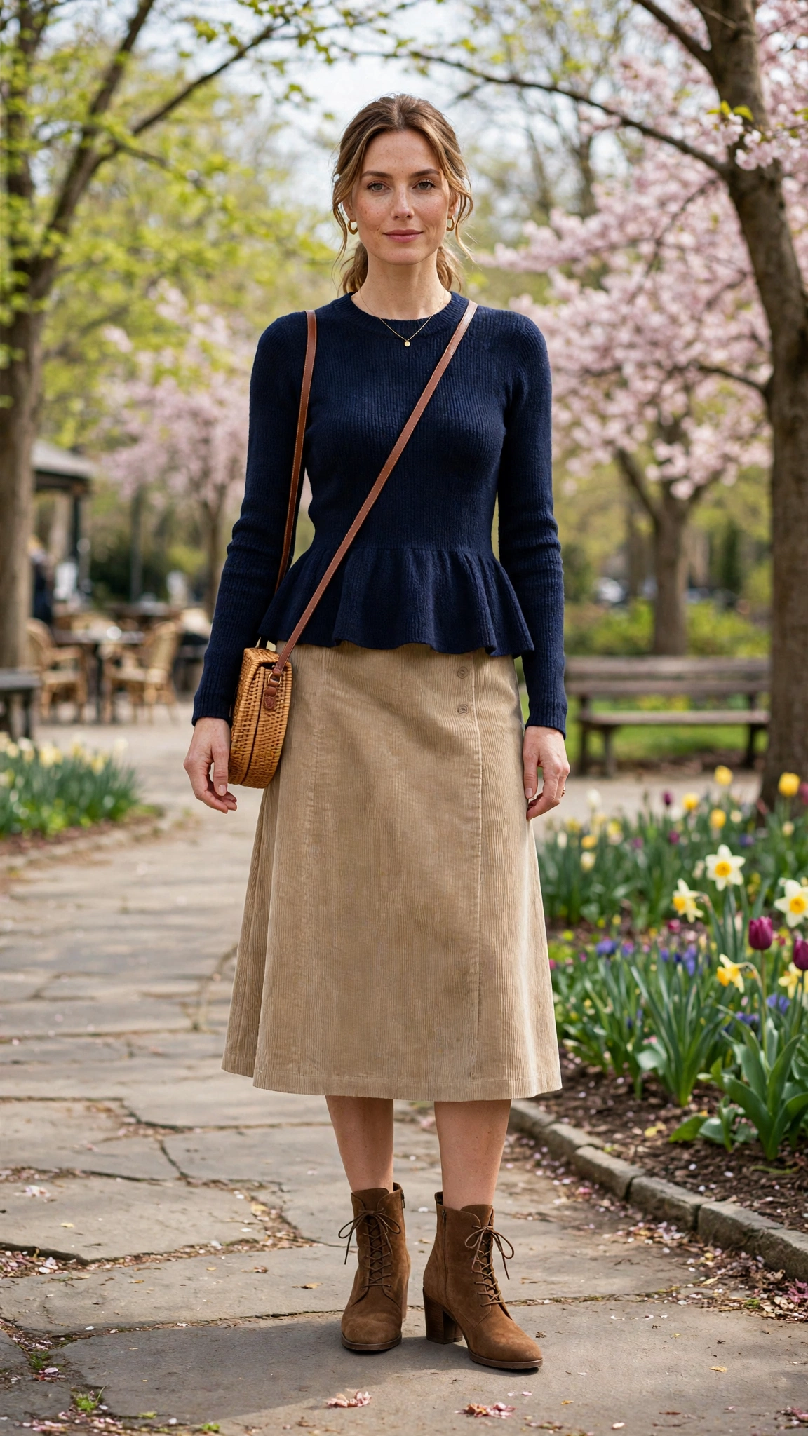 Navy Peplum Knit Outfit with a corduroy skirt and ankle boots