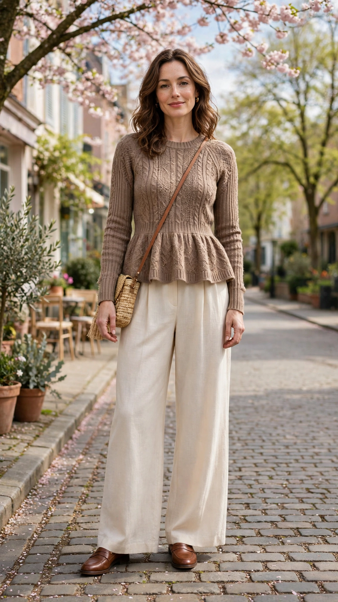 Warm Taupe Peplum Knit Outfit with cream wide-leg trousers and loafers