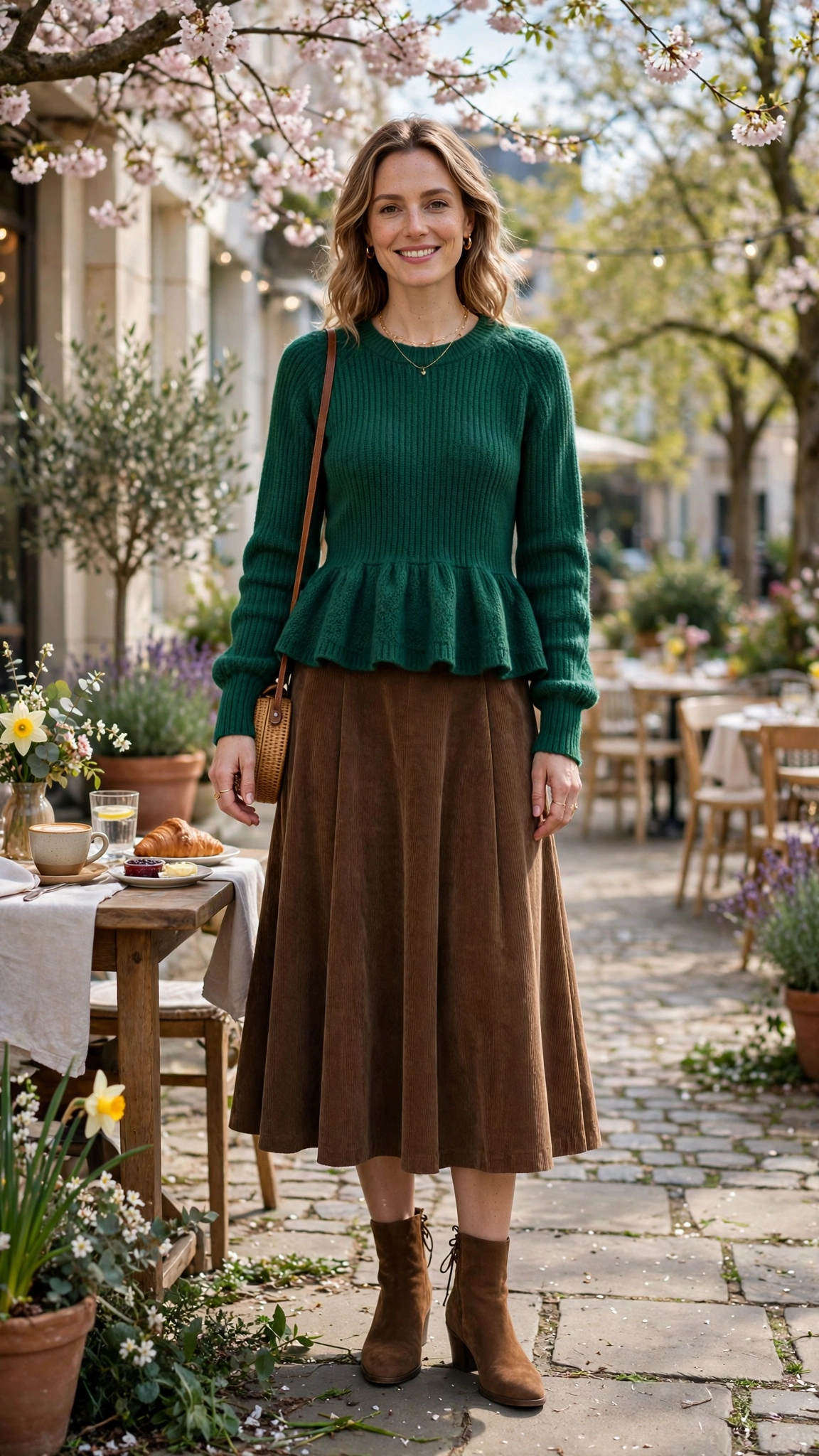 Emerald Peplum Knit Outfit with a corduroy skirt and ankle boots