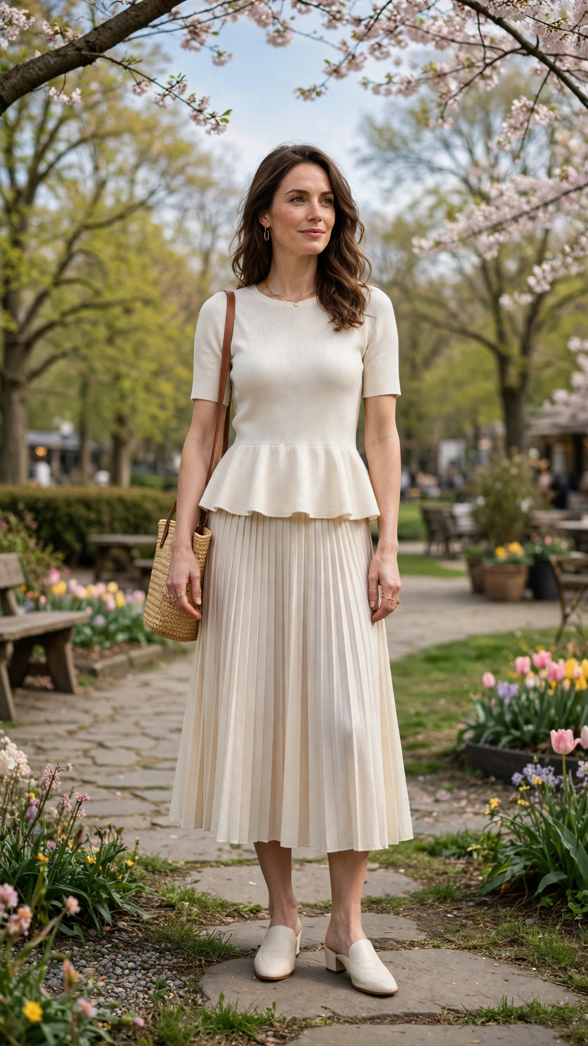 Ivory Peplum Knit Outfit with a pleated midi skirt and mules