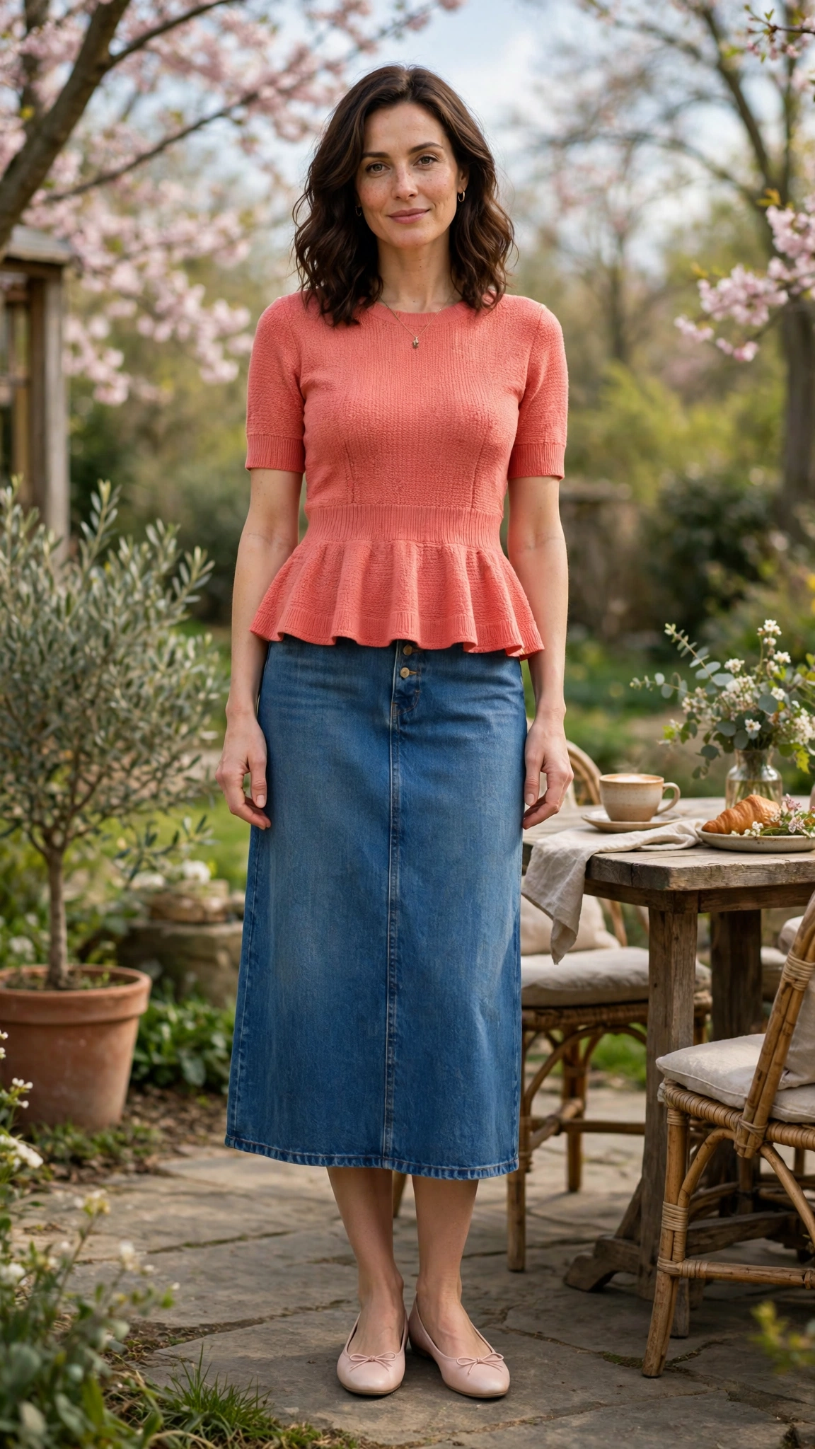 Coral Peplum Knit Outfit with a denim midi skirt and ballet flats