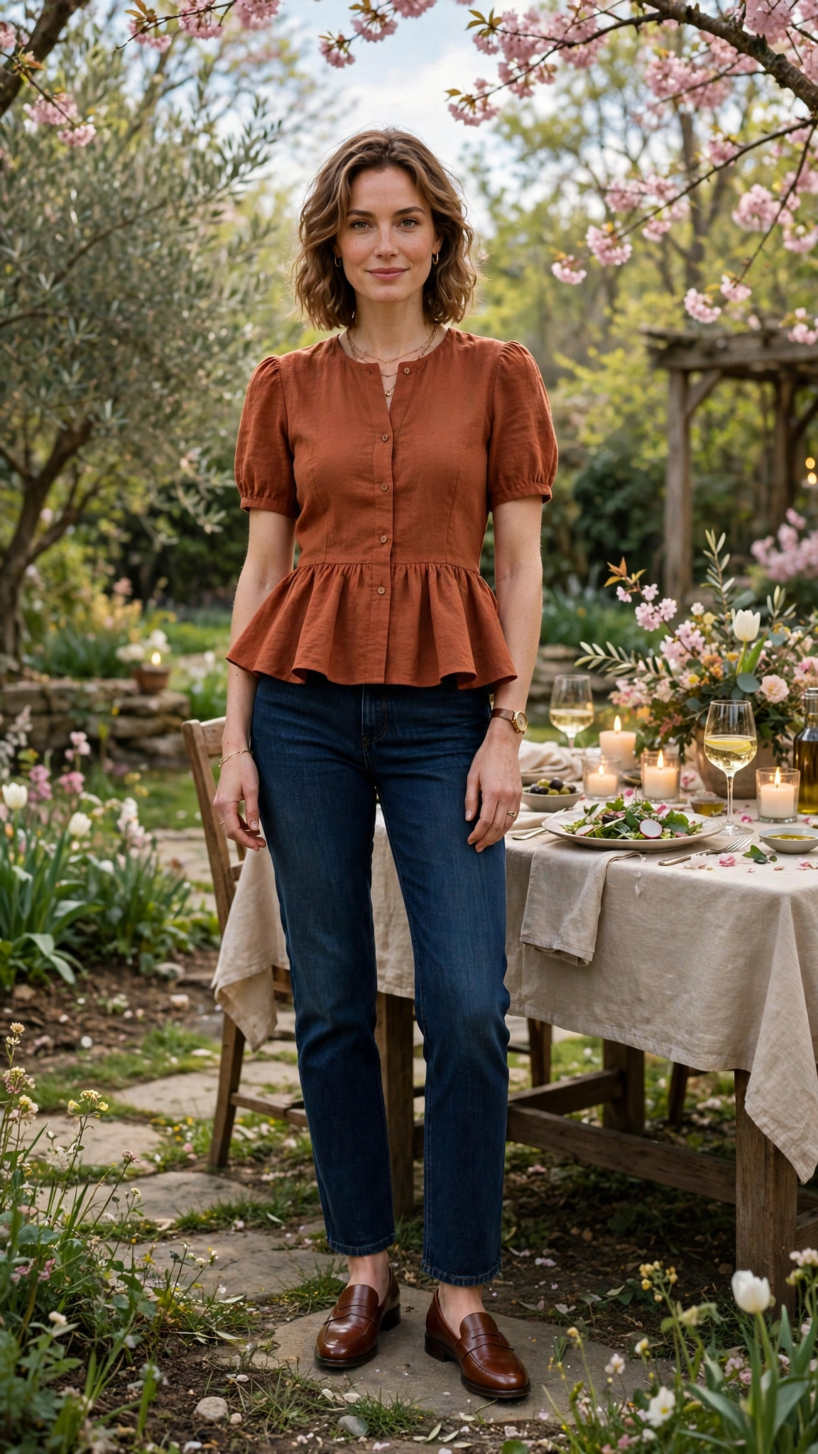33 Women in Their 30s Peplum Top Outfits for Spring Dinners That Are Fresh, Chic and Easy to Wear 3 Rust Peplum Top Outfit with dark denim jeans and loafers