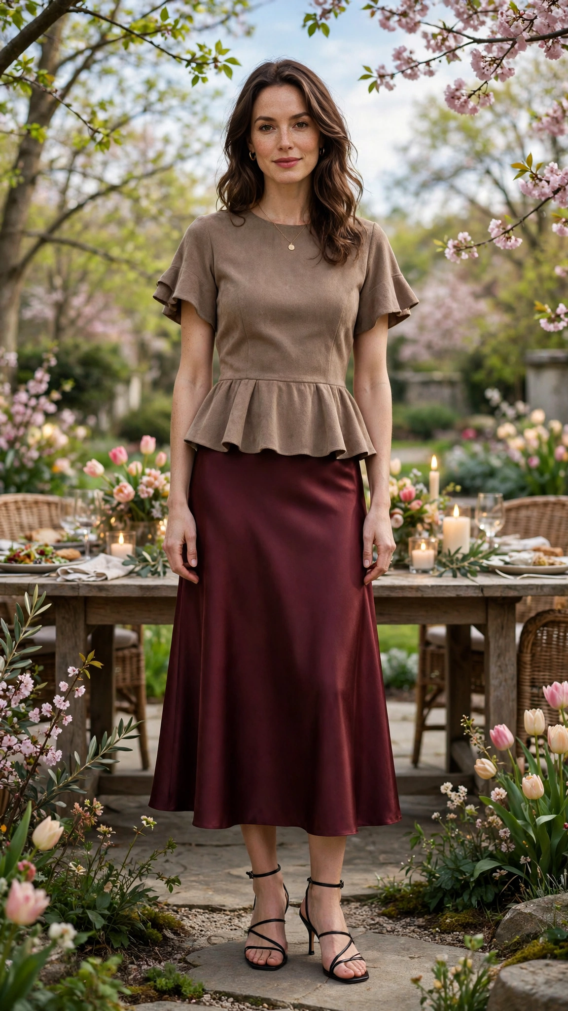 33 Women in Their 30s Peplum Top Outfits for Spring Dinners That Are Fresh, Chic and Easy to Wear 8 Warm Taupe Peplum Top Outfit with a burgundy satin midi skirt and strappy heels