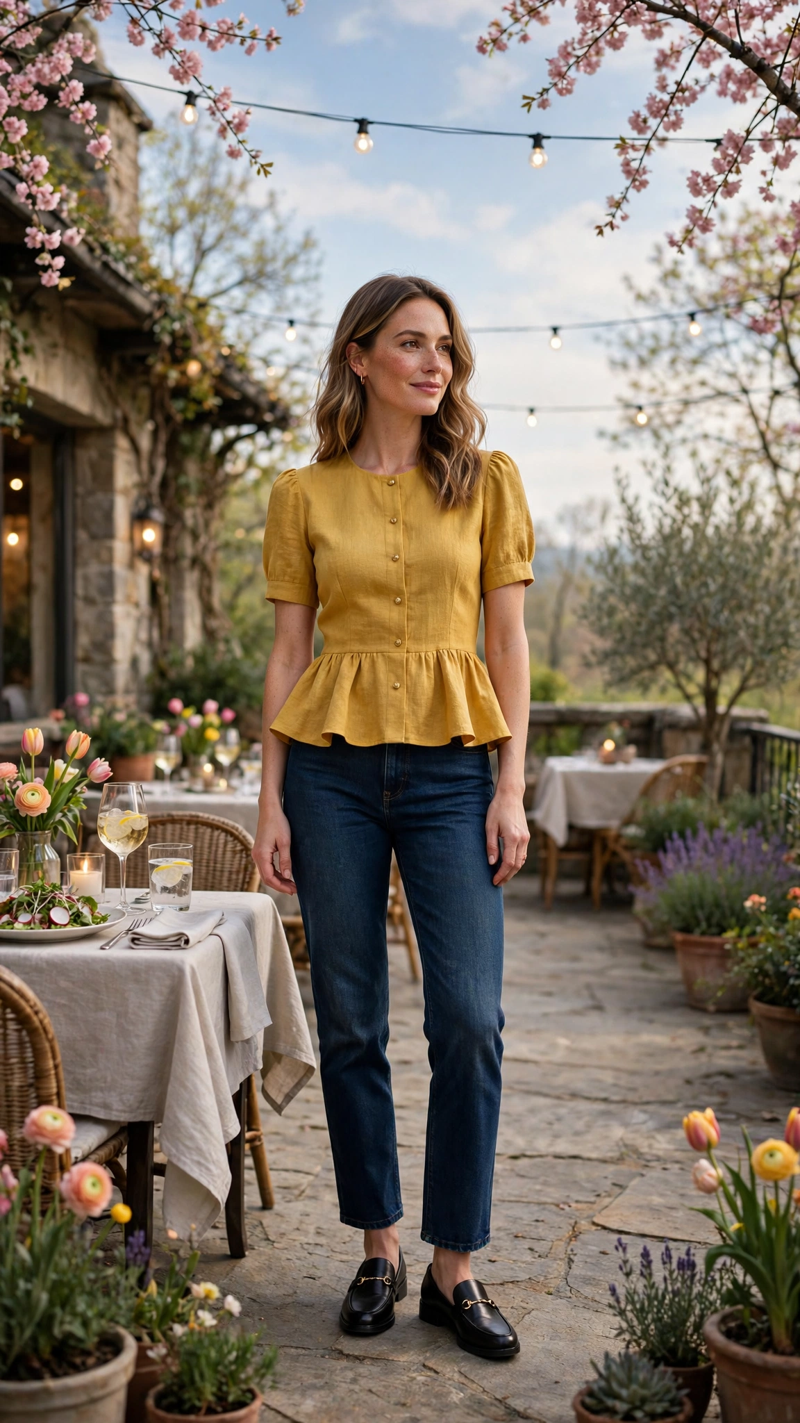 33 Women in Their 30s Peplum Top Outfits for Spring Dinners That Are Fresh, Chic and Easy to Wear 12 Mustard Peplum Top Outfit with dark denim jeans and loafers