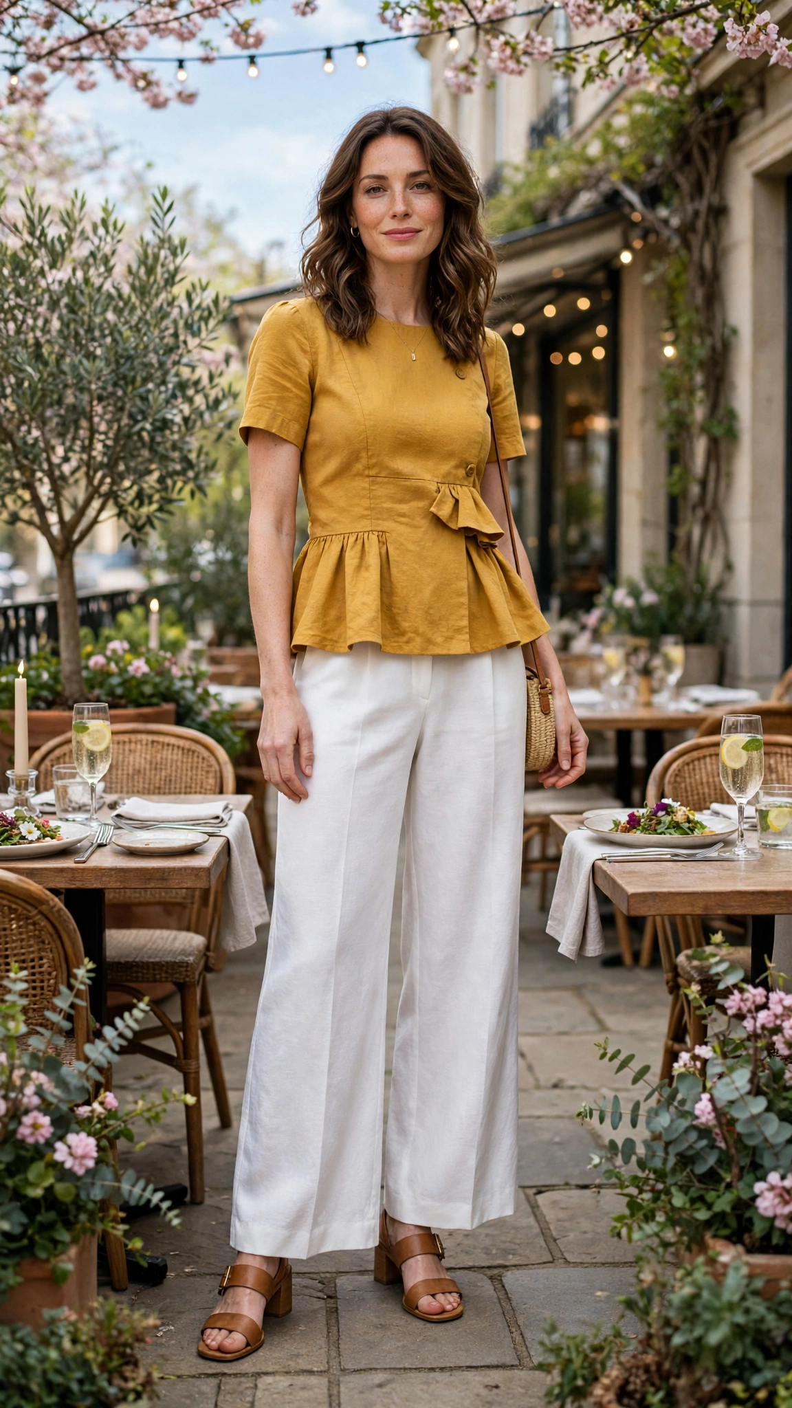 33 Women in Their 30s Peplum Top Outfits for Spring Dinners That Are Fresh, Chic and Easy to Wear 17 Mustard Peplum Top Outfit with white wide-leg trousers and block-heel sandals