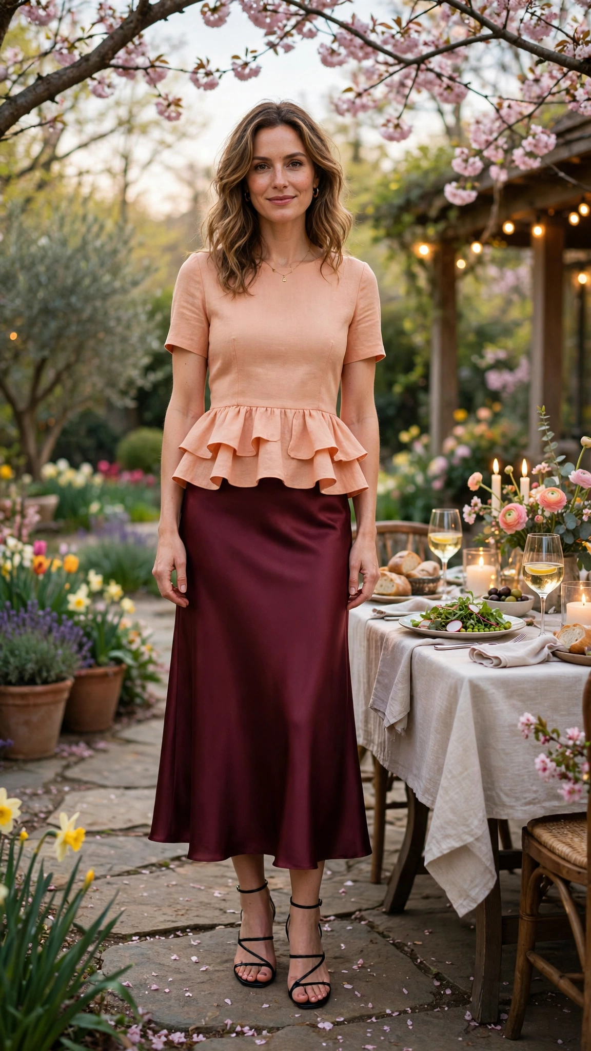 33 Women in Their 30s Peplum Top Outfits for Spring Dinners That Are Fresh, Chic and Easy to Wear 18 Peach Peplum Top Outfit with a burgundy satin midi skirt and strappy heels