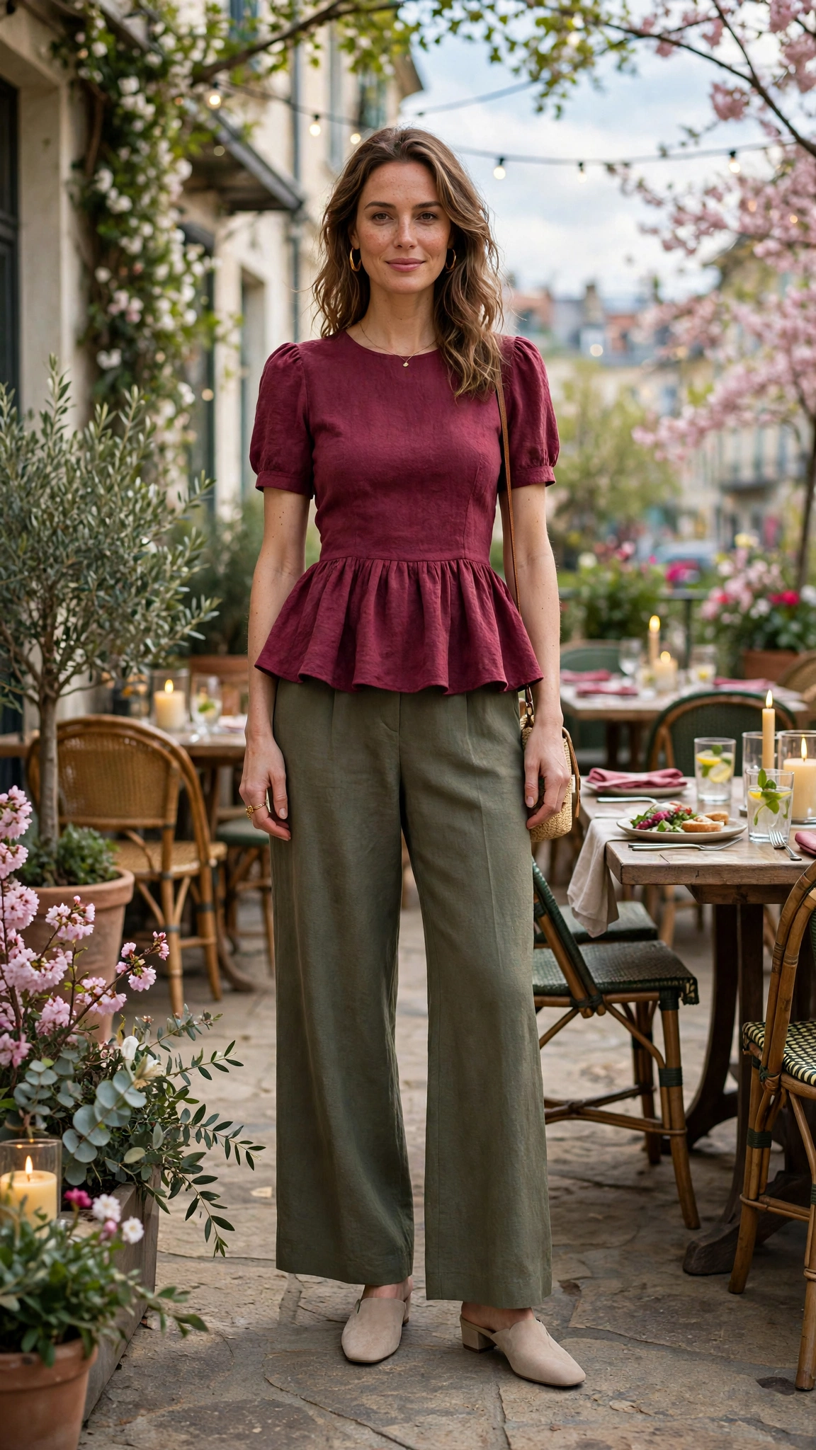 33 Women in Their 30s Peplum Top Outfits for Spring Dinners That Are Fresh, Chic and Easy to Wear 32 Berry Peplum Top Outfit with olive wide-leg trousers and mules
