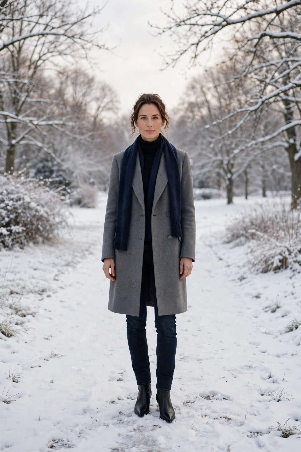 Navy scarf with a grey coat, dark jeans with warm boots and black pointed boots