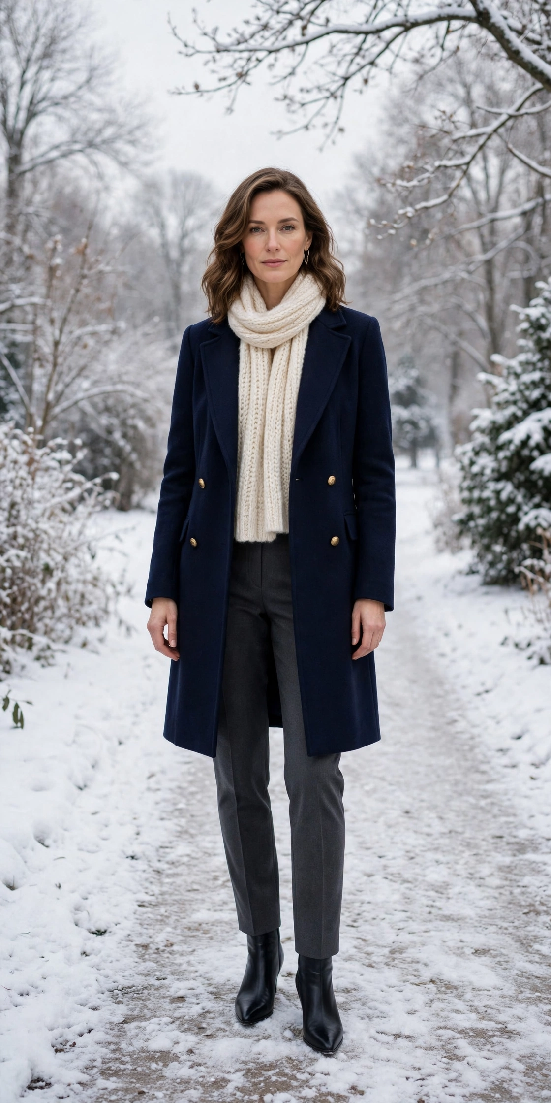 Cream scarf with a navy coat, charcoal trousers with walking boots and black pointed boots