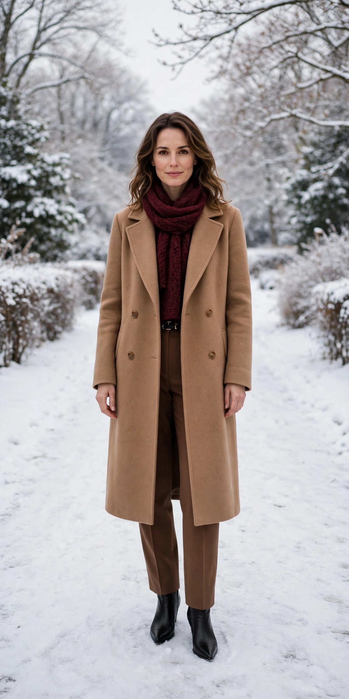 Burgundy scarf with a camel coat, brown trousers with ankle boots and black pointed boots
