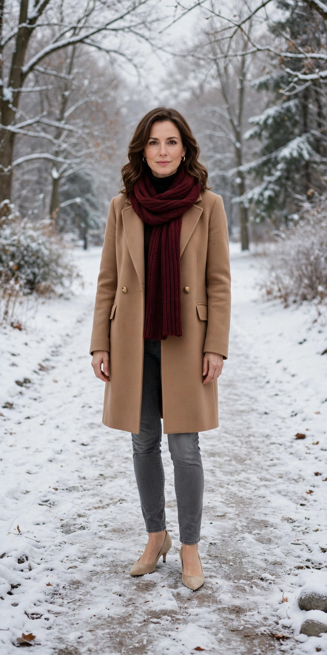 Burgundy scarf with a camel coat, grey jeans with suede boots and kitten heels