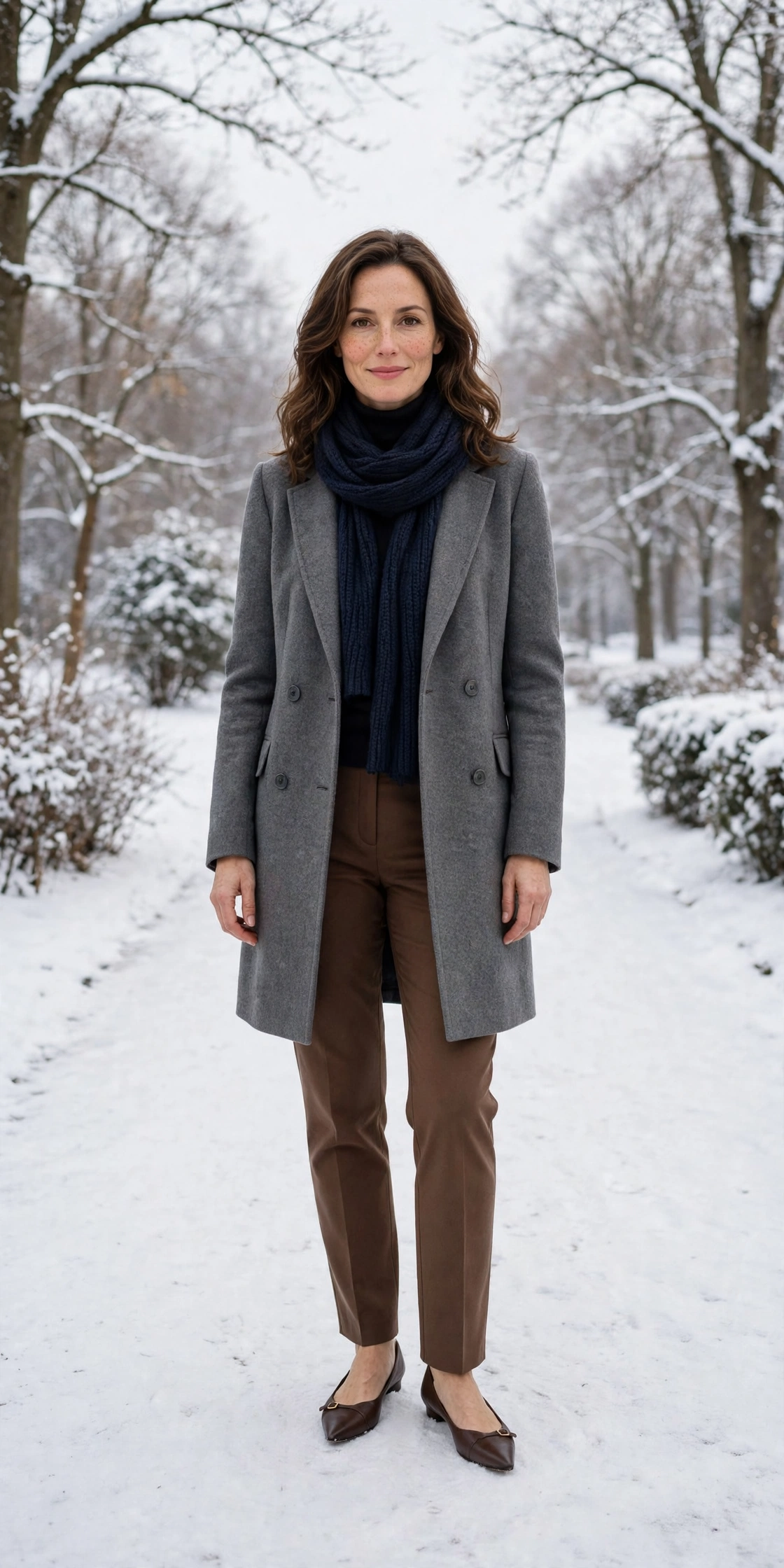 Navy scarf with a grey coat, brown trousers with ankle boots and elegant pointed flats