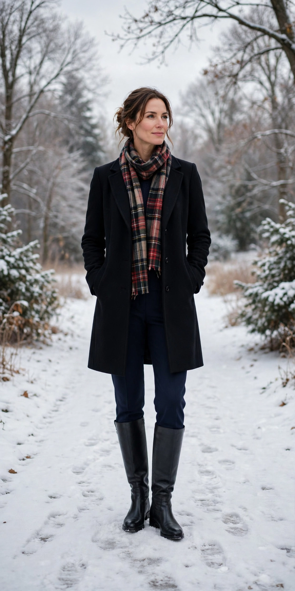 Plaid scarf with a black coat, navy trousers with ankle boots and knee-high boots
