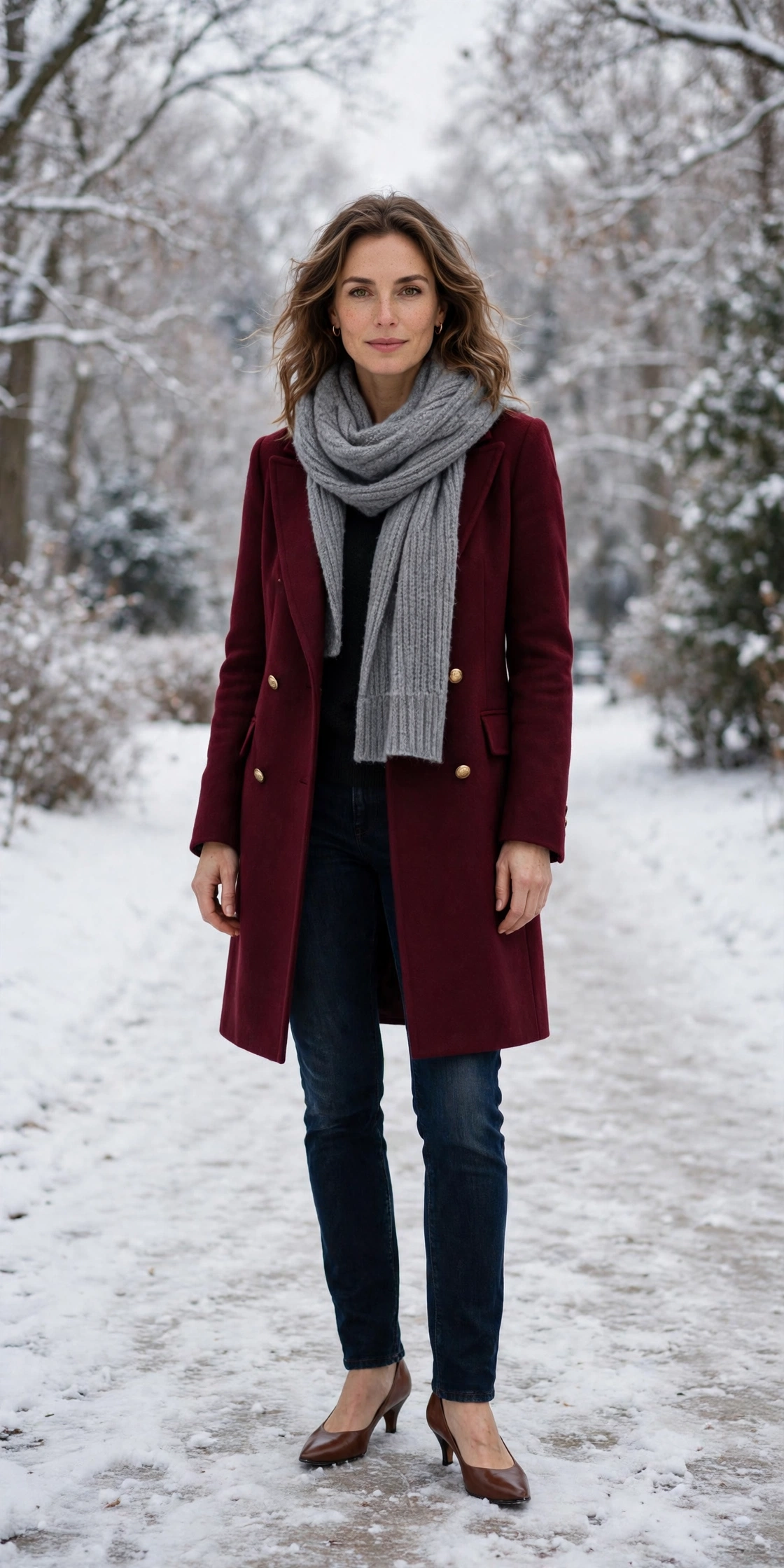 Grey scarf with a burgundy coat, dark jeans with warm boots and low-heeled pumps