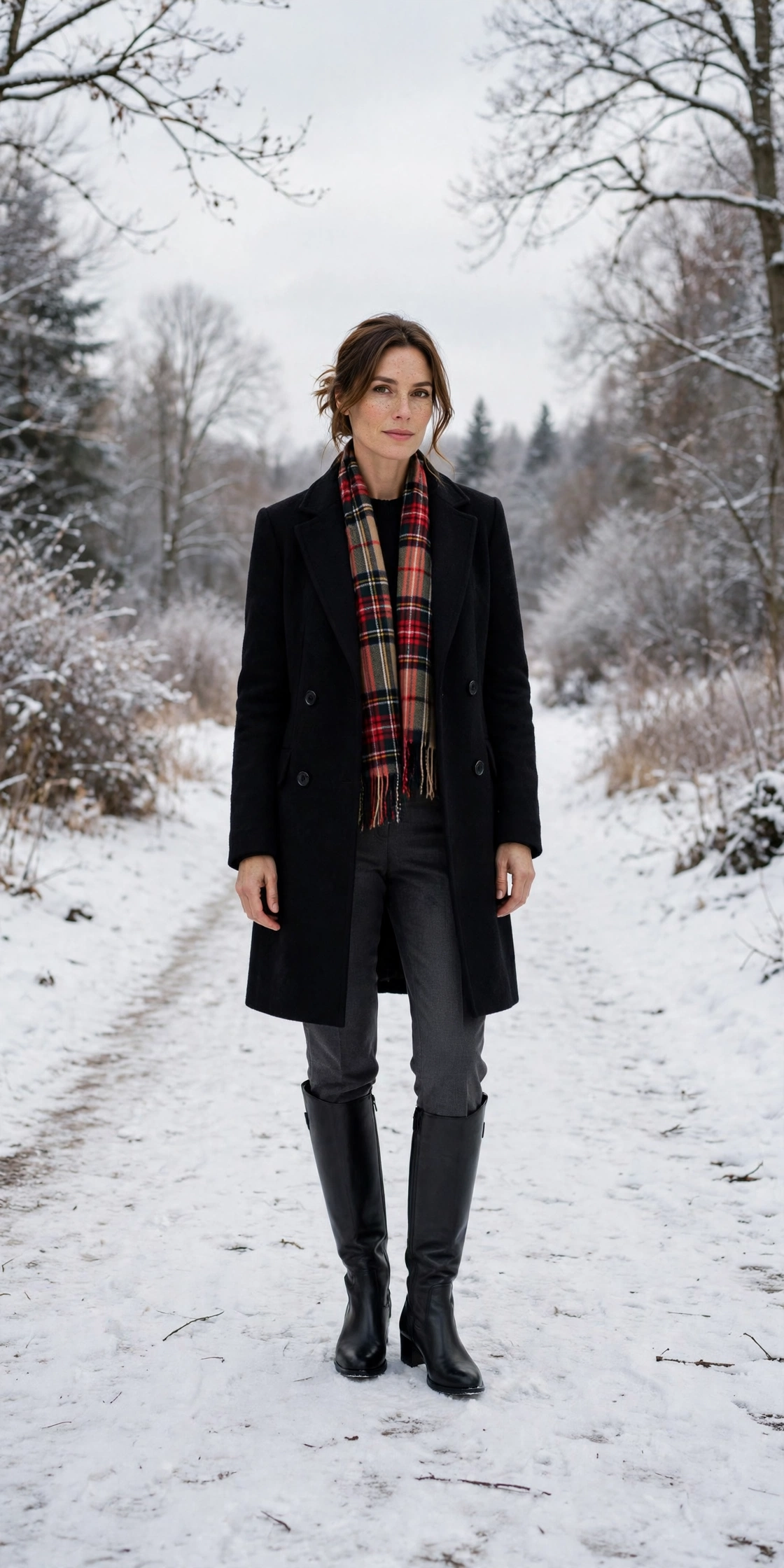 Plaid scarf with a black coat, charcoal trousers with walking boots and knee-high boots