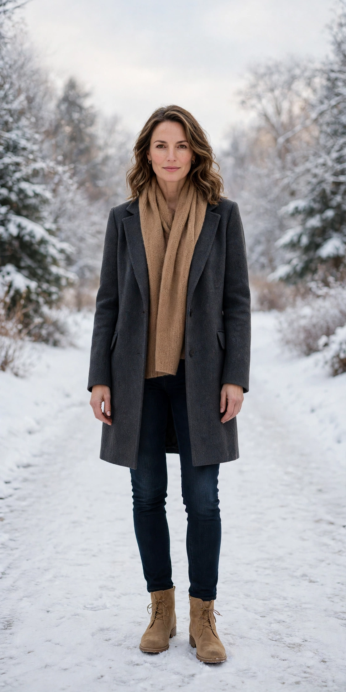 Camel scarf with a charcoal coat, dark jeans with warm boots and suede ankle boots