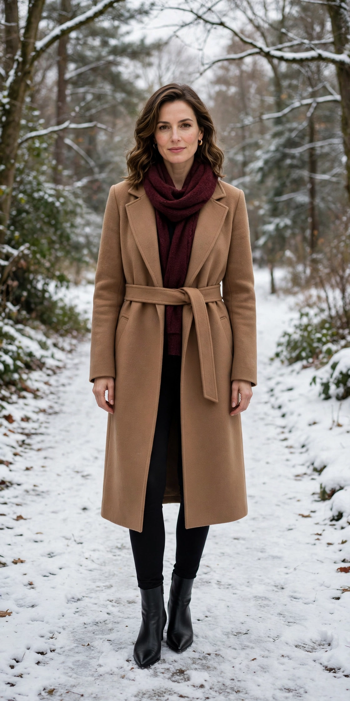Burgundy scarf with a camel coat, black leggings with knee-high boots and black pointed boots