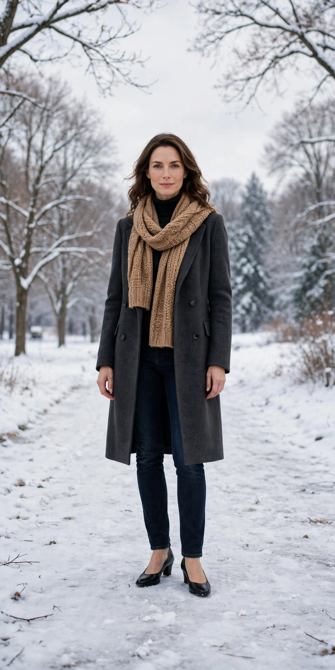 Camel scarf with a charcoal coat, dark jeans with warm boots and low-heeled pumps