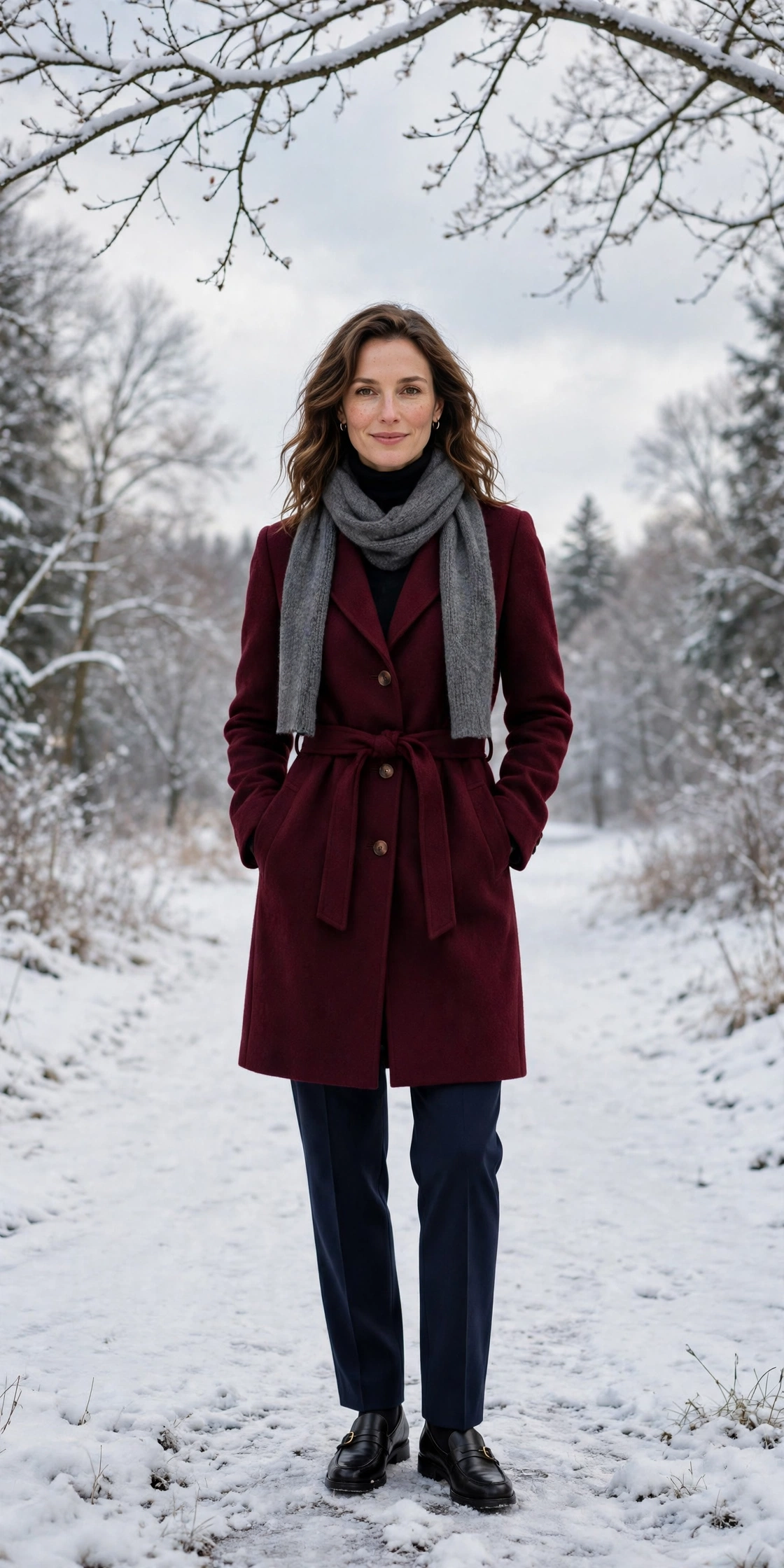 Grey scarf with a burgundy coat, navy trousers with ankle boots and classic loafers