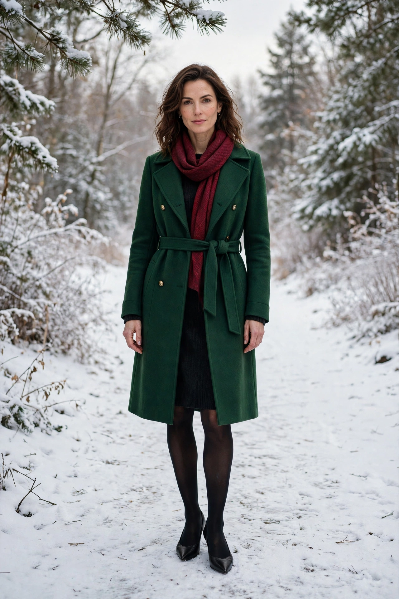 Wine scarf with a forest green coat, dark knit dress with tights and boots and elegant pointed flats