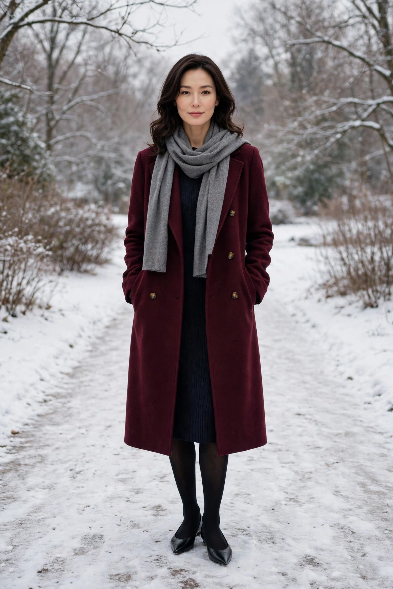 Grey scarf with a burgundy coat, dark knit dress with tights and boots and elegant pointed flats