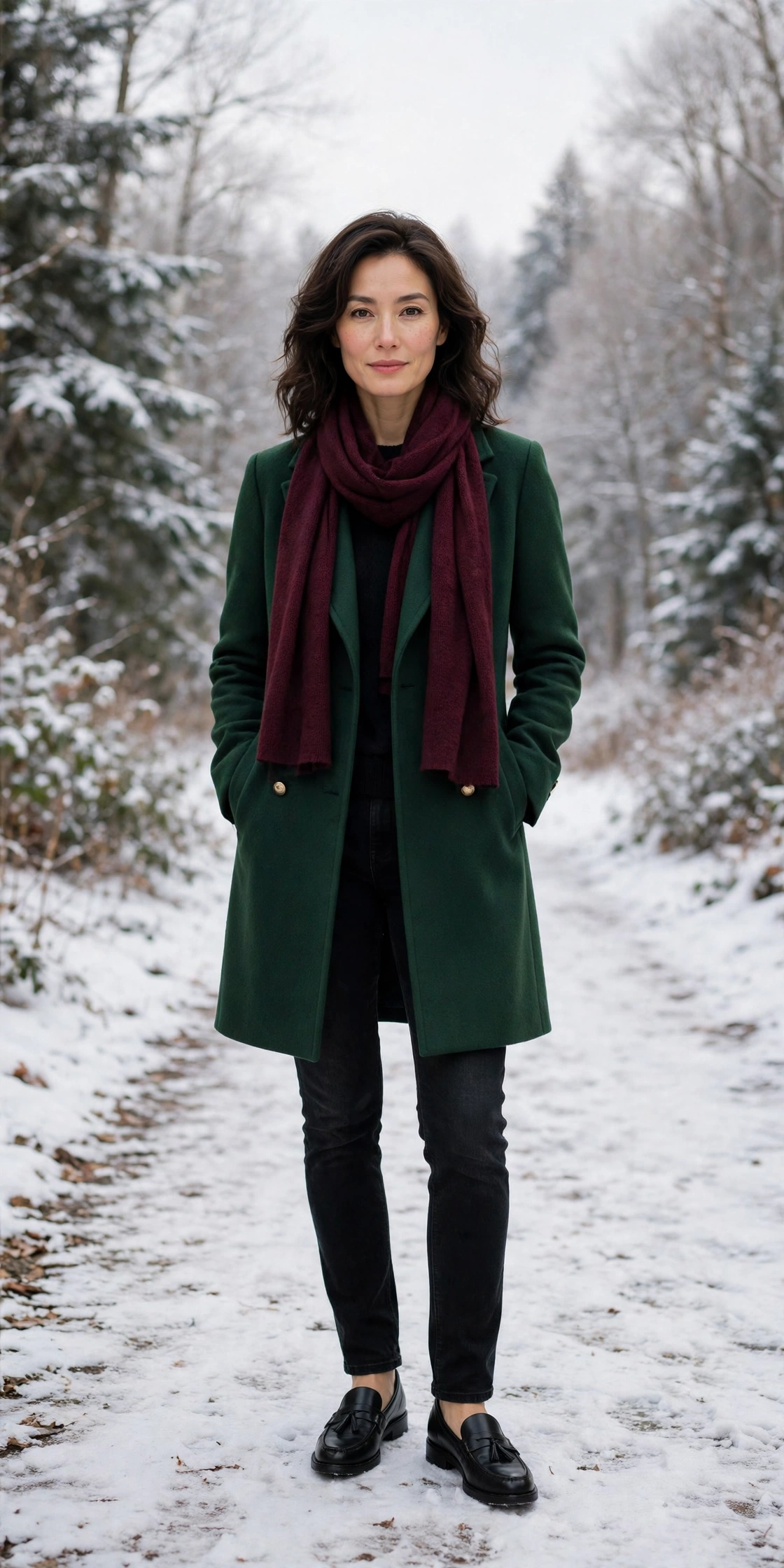 Wine scarf with a forest green coat, black jeans with tall boots and classic loafers