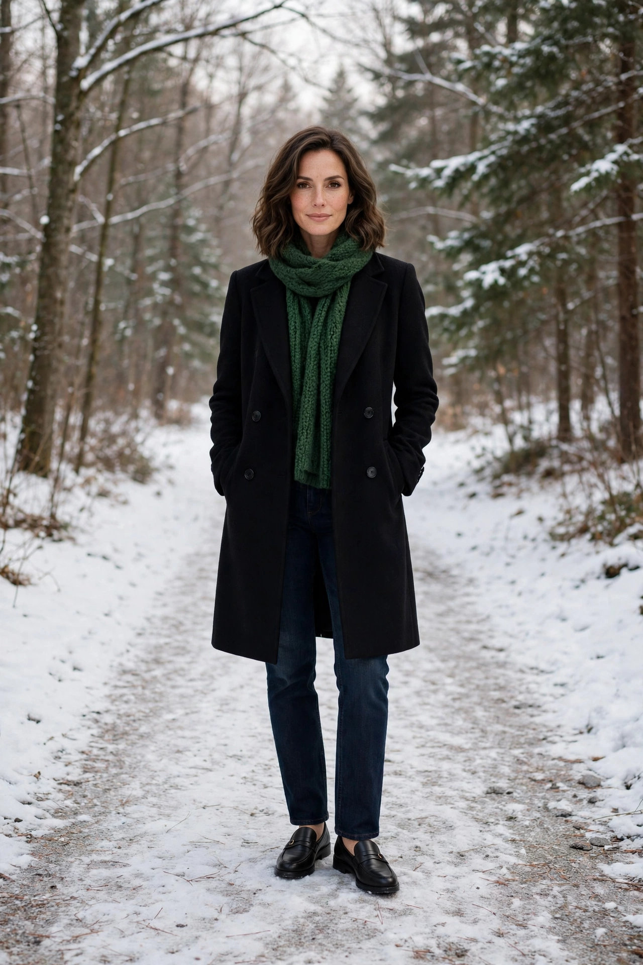 Forest green scarf with a black coat, dark jeans with warm boots and classic loafers