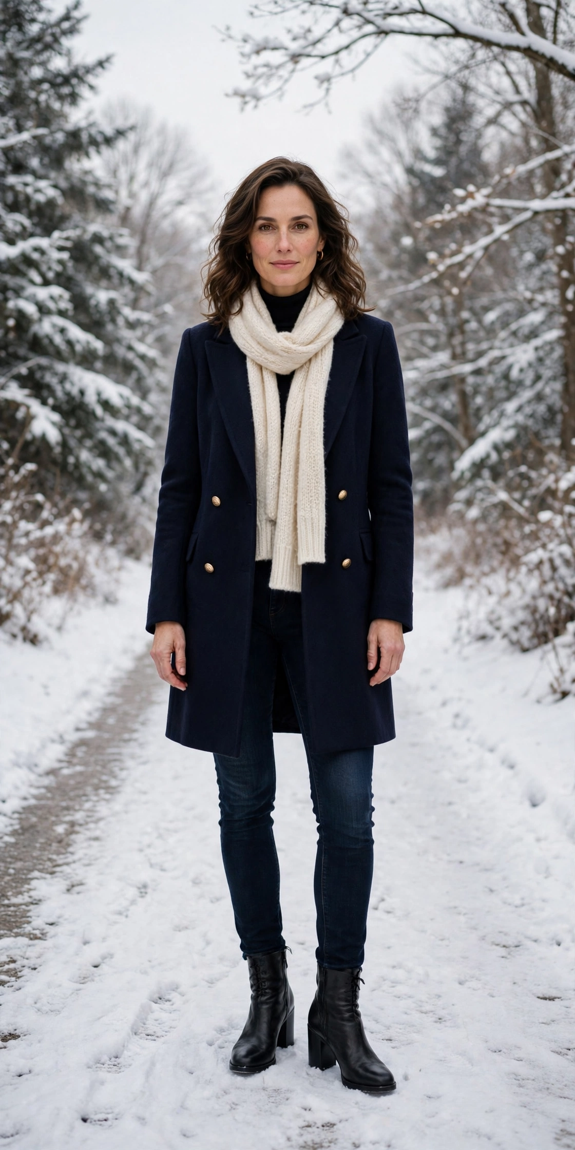 Cream scarf with a navy coat, dark jeans with warm boots and block-heel ankle boots