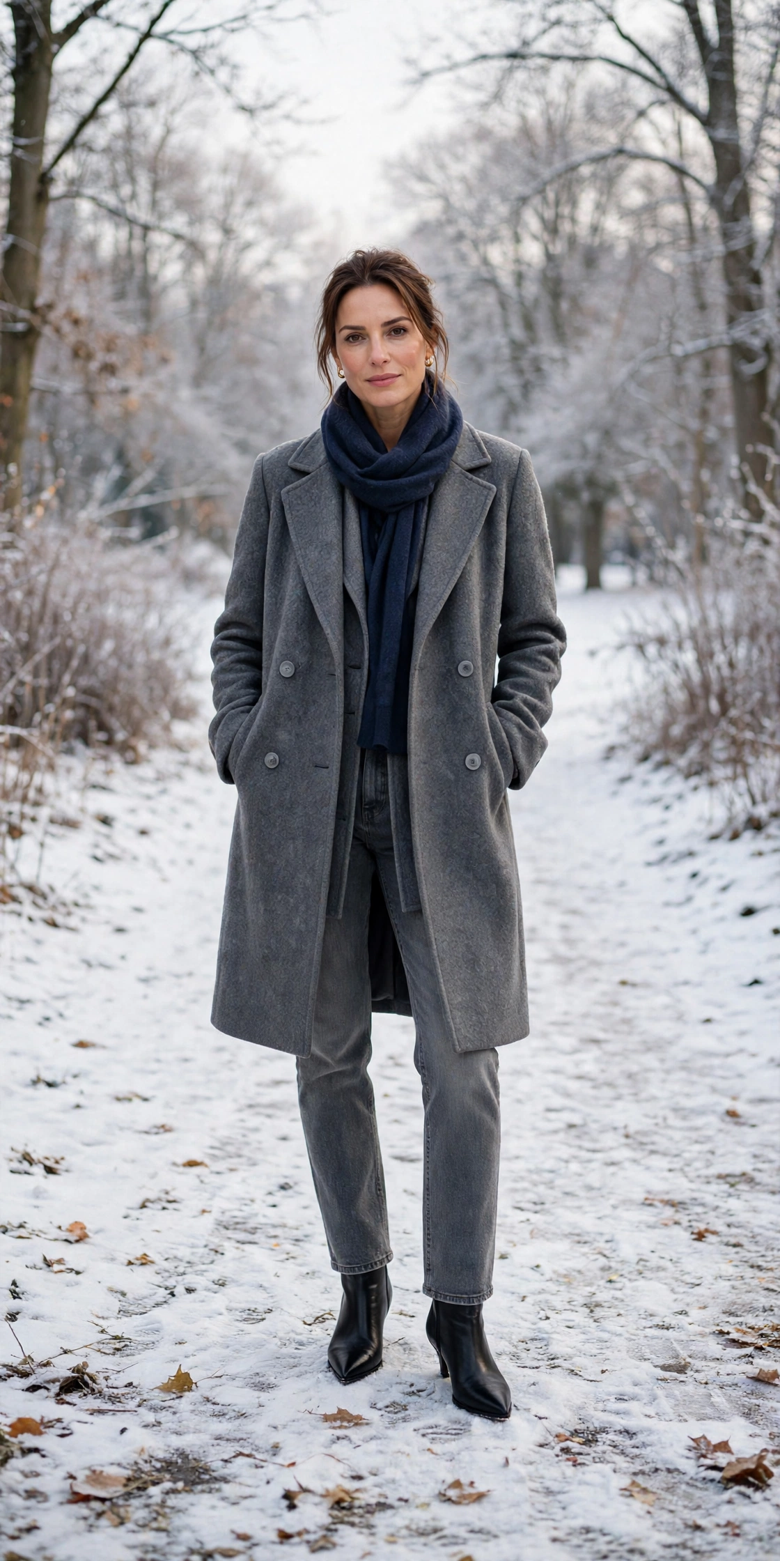 Navy scarf with a grey coat, grey jeans with suede boots and black pointed boots
