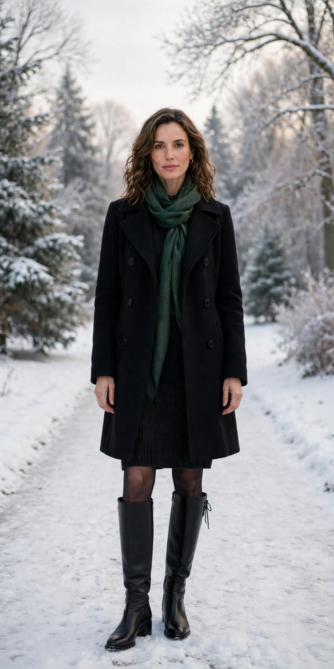 Forest green scarf with a black coat, dark knit dress with tights and boots and knee-high boots