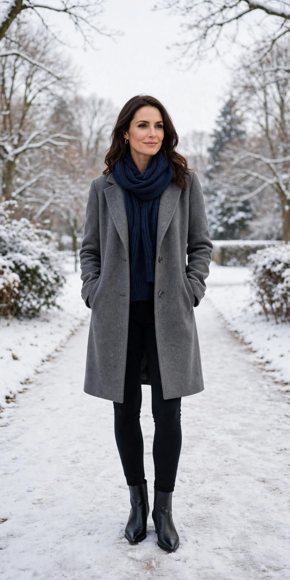 Navy scarf with a grey coat, black leggings with knee-high boots and black pointed boots