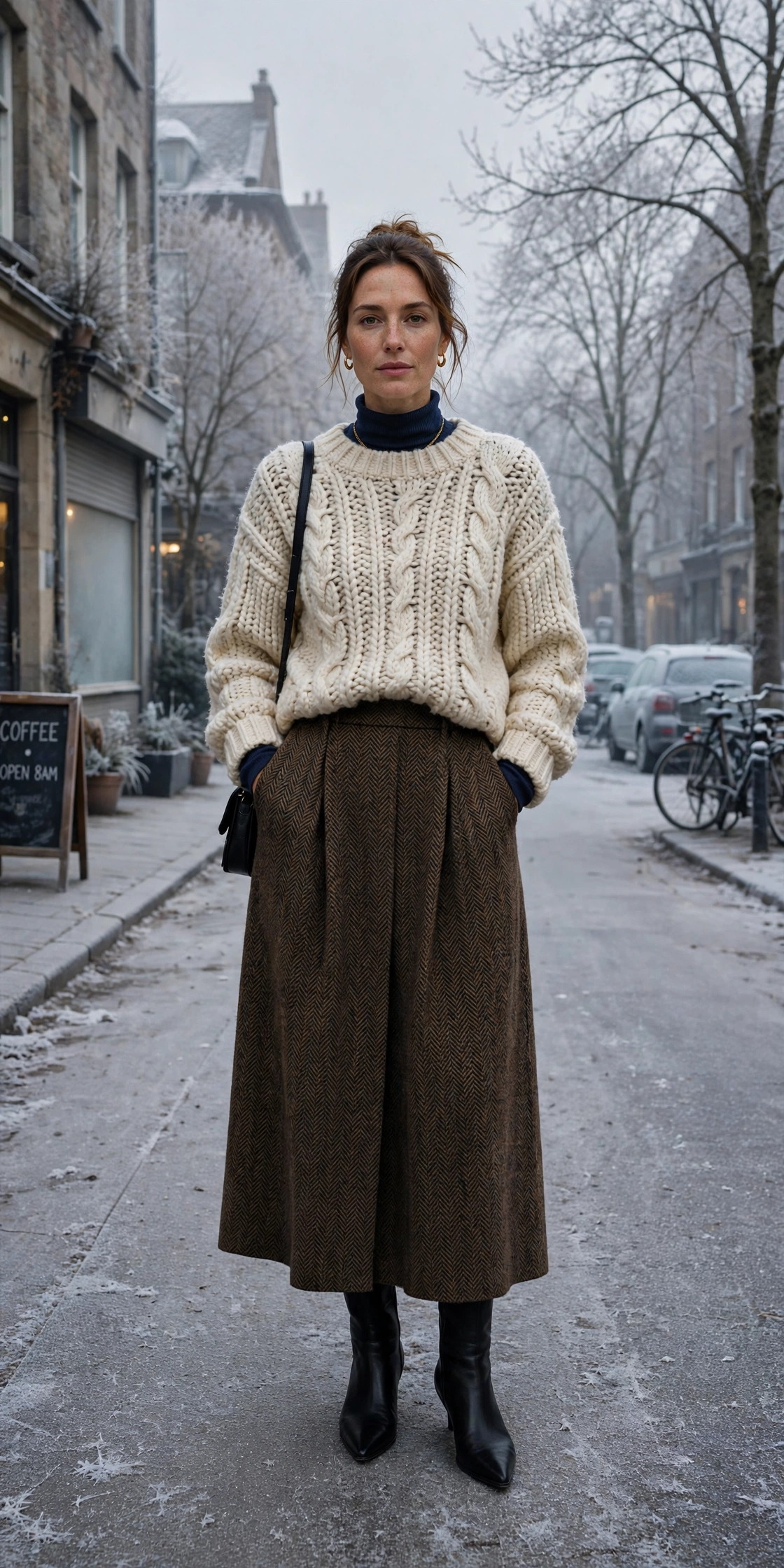 Navy thermal base layer, chunky knit with a midi skirt and black pointed boots