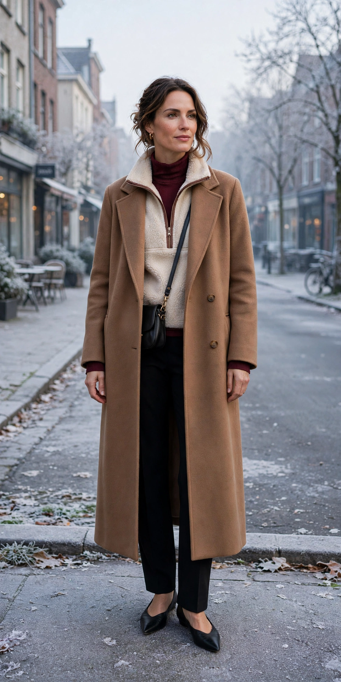 Burgundy thermal base layer, fleece-lined top with a long coat and elegant pointed flats