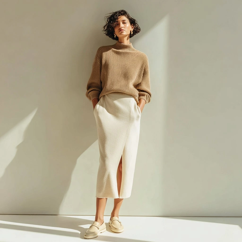 Cream thermal base layer, chunky knit with a midi skirt and classic loafers