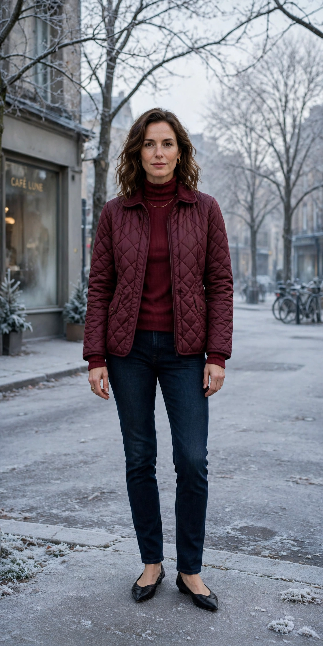 Burgundy thermal base layer, quilted jacket with dark jeans and elegant pointed flats