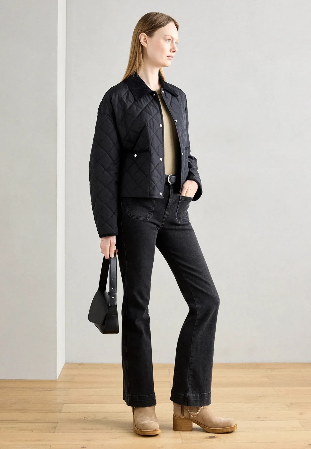 Black thermal base layer, quilted jacket with dark jeans and suede ankle boots