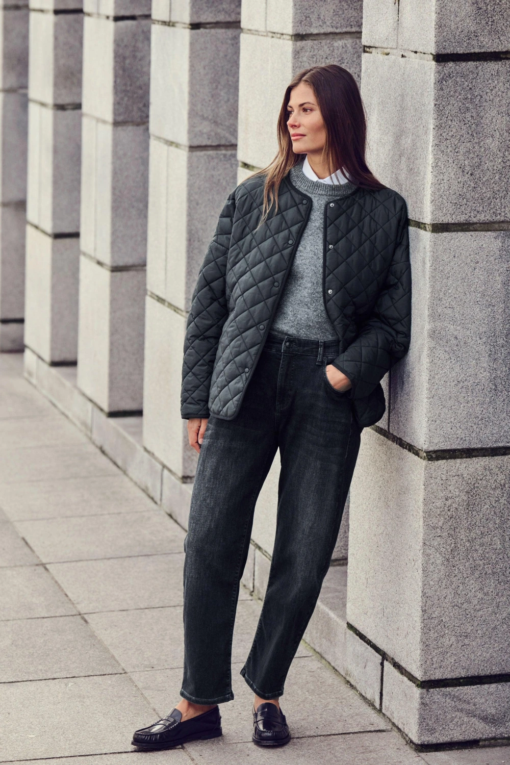 Charcoal thermal base layer, quilted jacket with dark jeans and classic loafers