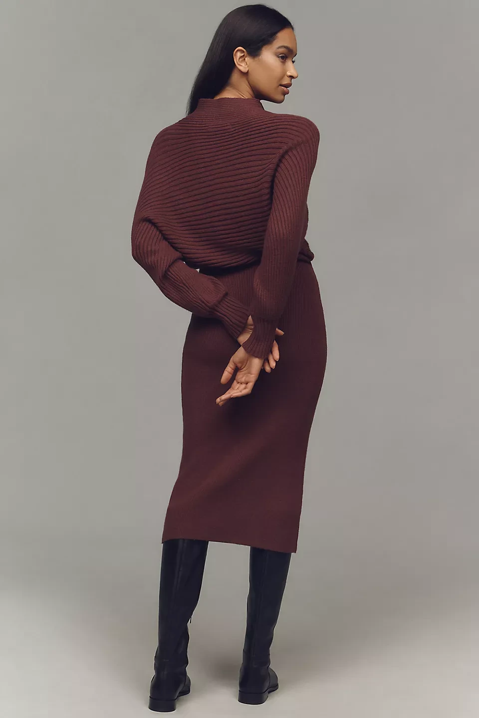 Wine thermal base layer, chunky knit with a midi skirt and knee-high boots