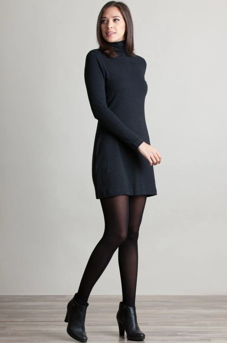 Charcoal thermal base layer, knit dress with opaque tights and block-heel ankle boots