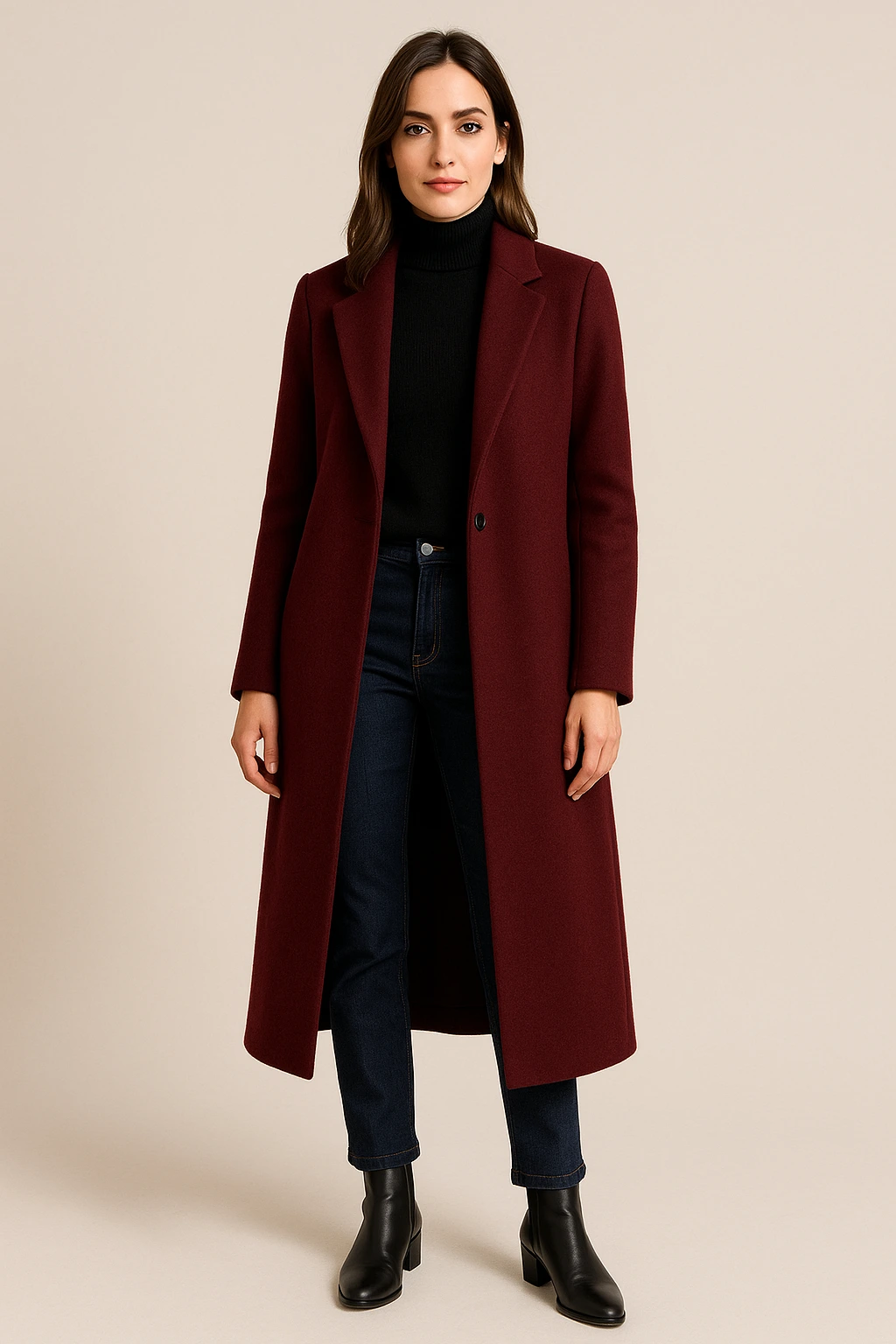 Burgundy thermal base layer, fleece-lined top with a long coat and block-heel ankle boots