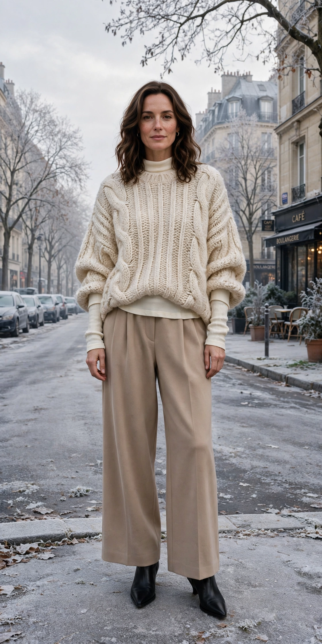 Cream thermal base layer, oversized sweater with wide-leg trousers and black pointed boots