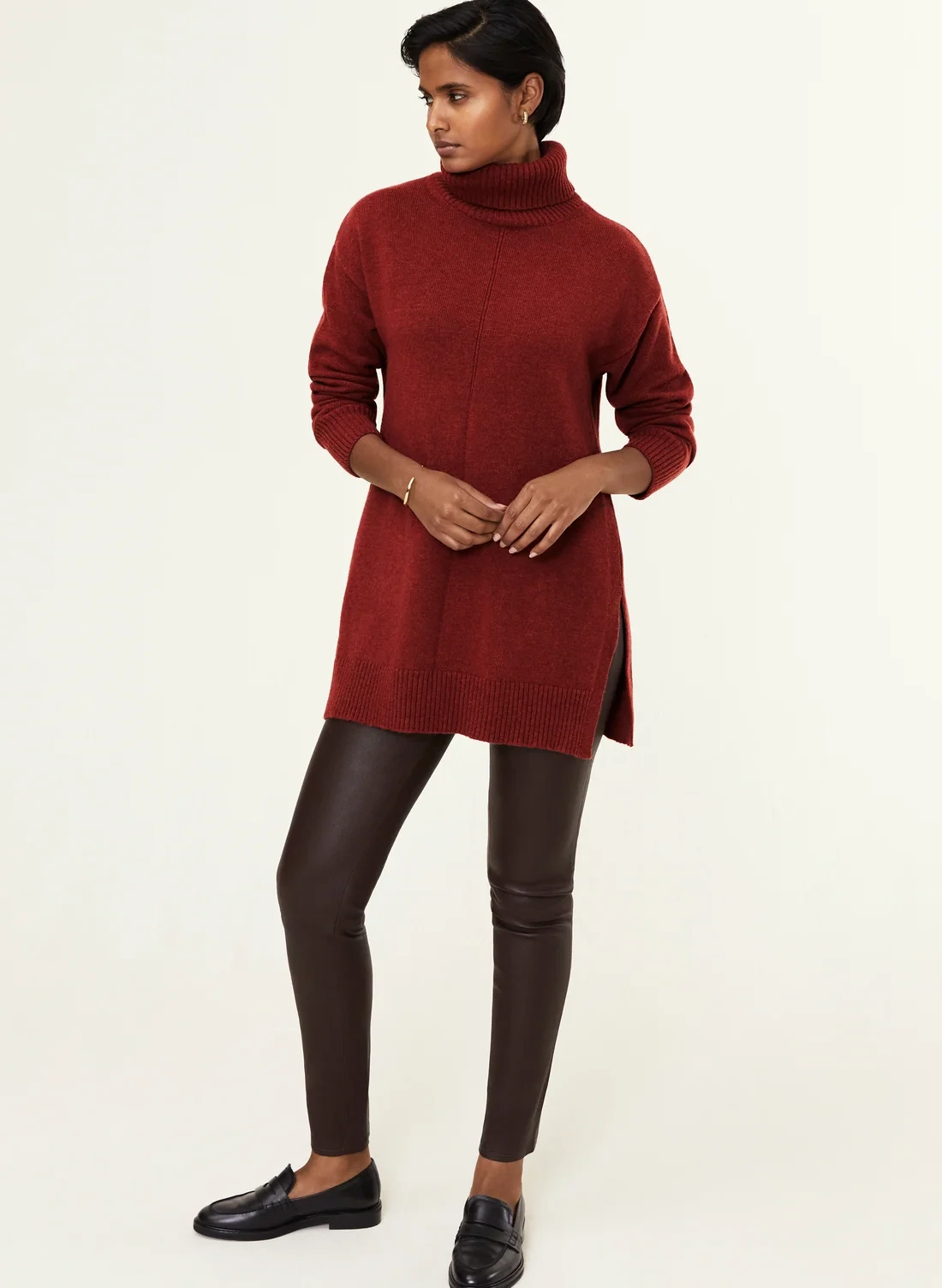 Wine thermal base layer, tunic sweater with leggings and classic loafers