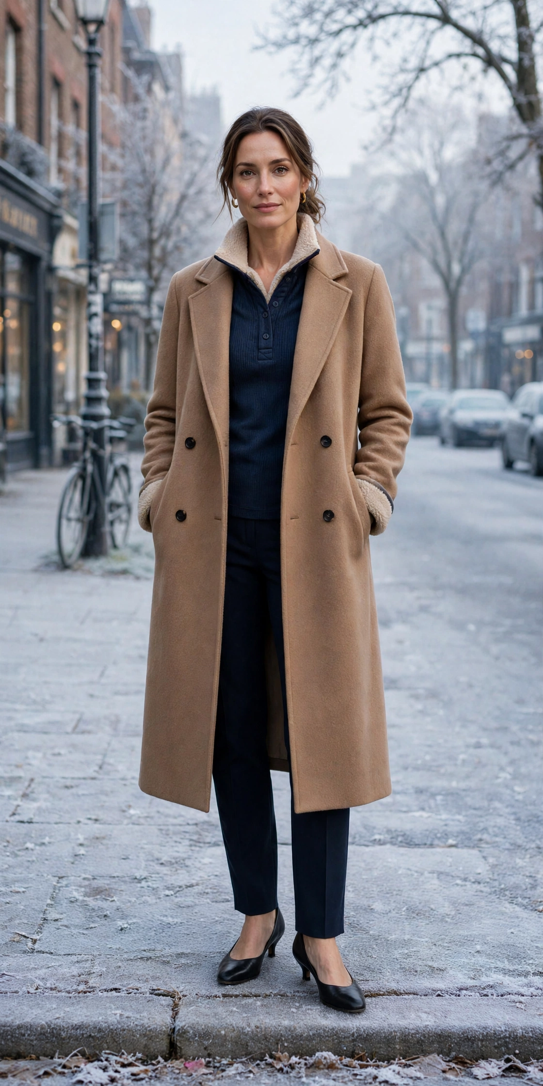 Navy thermal base layer, fleece-lined top with a long coat and low-heeled pumps